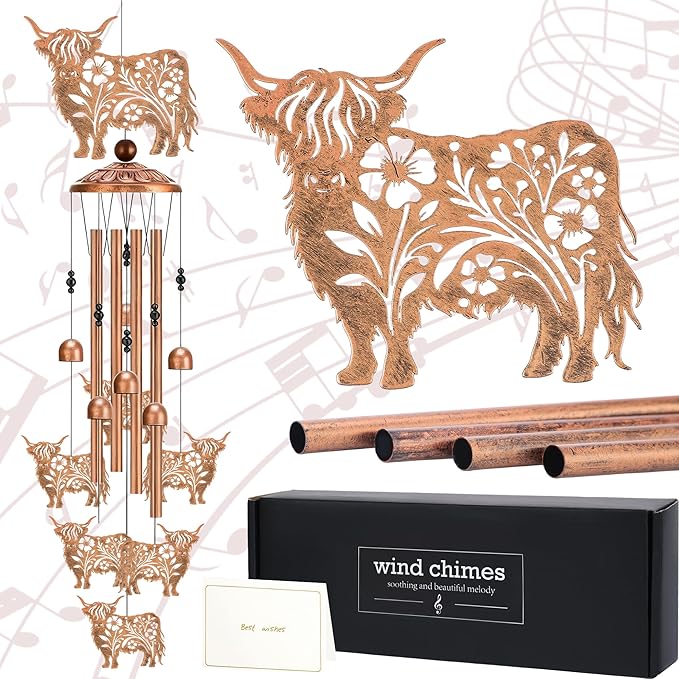Cow Wind Chimes for Outside - Highland Cows Windchime with Greeting Card Indoor Outdoor Decor Garden Patio Balcony Art Hanging Thanksgiving Christmas Birthday Gift for Women Animal Lover