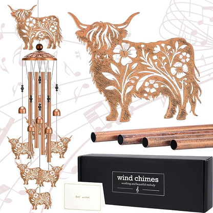 Cow Wind Chimes for Outside - Highland Cows Windchime with Greeting Card Indoor Outdoor Decor Garden Patio Balcony Art Hanging Thanksgiving Christmas Birthday Gift for Women Animal Lover