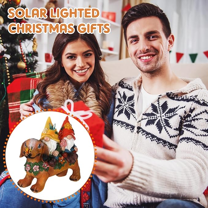 CroBlissful Solar Dachshund Gnome Lighted Statue - 10" Resin Dog with Butterfly and Floral Decor Outdoor Lawn Garden Ornament for Christmas Patio Yard Porch Decoration and Dog Gnome Lovers