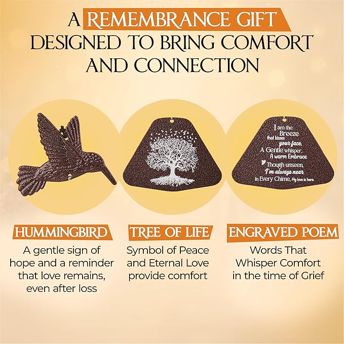 32 Inch Hummingbird Memorial Wind Chimes Outdoor, Sympathy Gifts for Loss of Loved One, Memorial Gifts for Loss of Mom, Sympathy Wind Chimes for Mother, Father, Brother, Sister