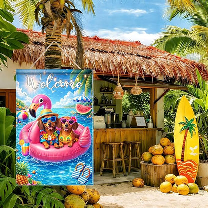 BlissYard Welcome Flamingo Pool Dog Garden Flag 12x18 Double Sided Vertical Outdoor Decor Labrador Retriever Summer Poolside Yard Garden Lawn Banner Bright Seasonal Display