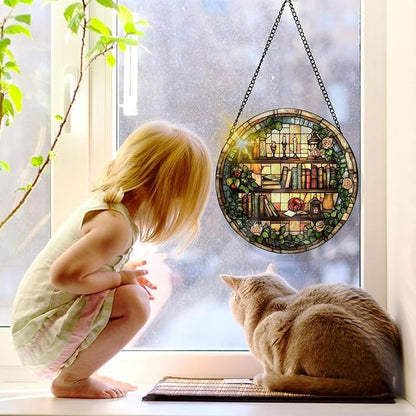 Bimkole Book Stained Glass Suncatcher Window Hanging - Flowers Indoor Window or Doorway Decoration - Handmade Sun Catcher Decor for Garden Home Christmas & Birthday Gifts 7.87x7.87 Inch