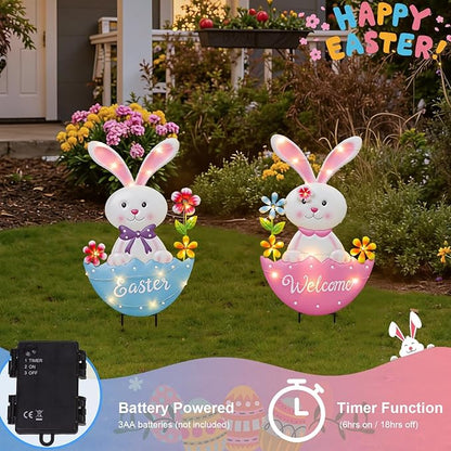 Easter Decorations Outdoor, 25 Inch Cute Bunny Flowers Decorative Garden Stakes for Easter Decor, Welcome Metal Yard Sign for Home Spring Outside Garden Front Porch Lawn Backyard