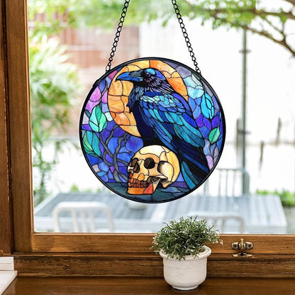 TNUW Black Raven Halloween Stained Glass Window Hanging, Gothic Skull Black Crow Sun Catchers Indoor Window Glass Round Wall Art Decor, Halloween Wall Hanging Decorations, 7.9＂x7.9＂