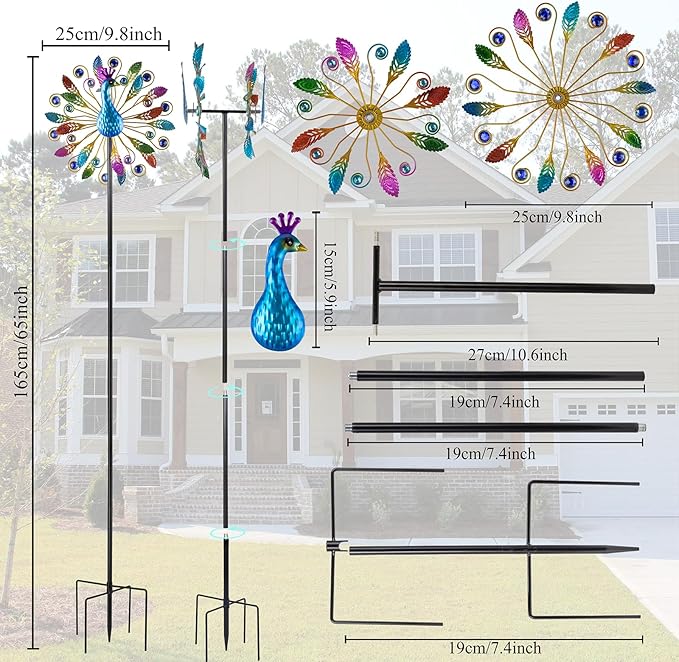 65 Inch Colorful Peacock Wind Spinner Outdoor, Two-Sided Windmill for Yard with Vibrant Front & Solid Blue Back, Large Metal Garden Wind Spinners and Statement Outdoor Garden Decor