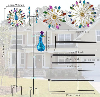 65 Inch Colorful Peacock Wind Spinner Outdoor, Two-Sided Windmill for Yard with Vibrant Front & Solid Blue Back, Large Metal Garden Wind Spinners and Statement Outdoor Garden Decor