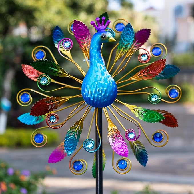 65 Inch Colorful Peacock Wind Spinner Outdoor, Two-Sided Windmill for Yard with Vibrant Front & Solid Blue Back, Large Metal Garden Wind Spinners and Statement Outdoor Garden Decor