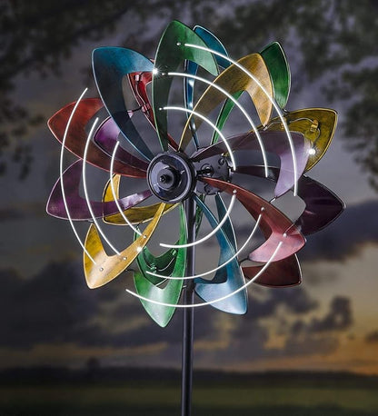 Plow & Hearth Solar Lighted 18 LEDs Flower Metal Wind Spinner | Antique | Bi-Direction Rotors | Dual-Motion | Over 6ft Tall | Easy Assembly