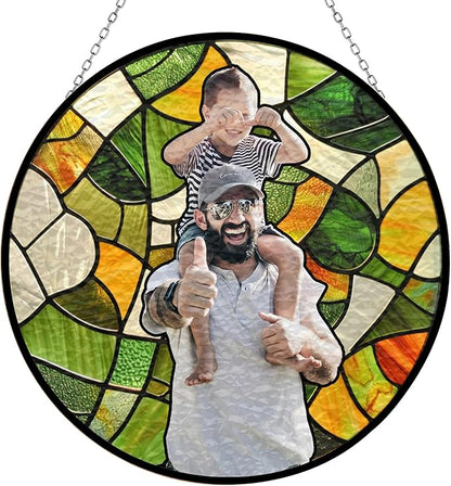 Personalized Dad Stained Glass Suncatcher, Photo Family Portrait Faux Window Hanging Ornament, Custom Photo Gift for Dad from Son Daughter, Grandpa Gifts
