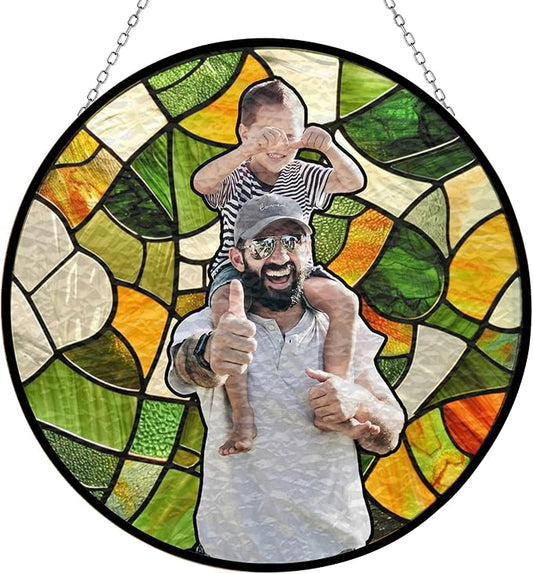 Personalized Dad Stained Glass Suncatcher, Photo Family Portrait Faux Window Hanging Ornament, Custom Photo Gift for Dad from Son Daughter, Grandpa Gifts