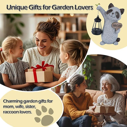 Raccoon Garden Statue with Solar Lantern, Cute Raccoon Figurine Light with Welcome Sign and Bird for Outdoor Patio Balcony Yard, Unique Resin Statue for Mom Grandma Women