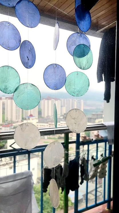Capiz Seashell Wind Chimes - Small, Unique, Handmade Natural Seashell Wind Chimes for Outside (Blue, 1 Pack)