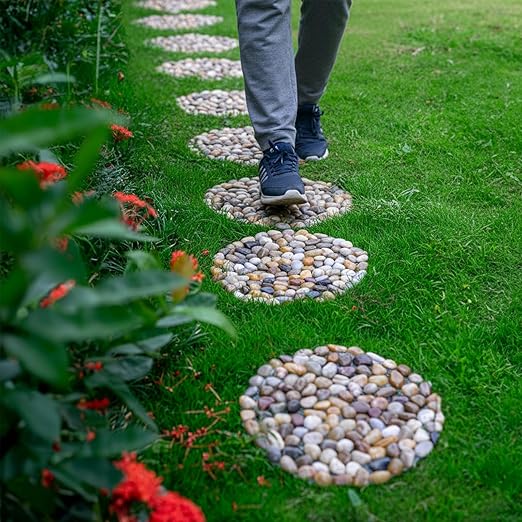 Qualdout River Rocks Stepping Stones Pavers Outdoor for Garden Walkway, Decorative Pebbles Polished Gravel for Backyard Lawn Patio Pathway Landscaping, Set of 6 (Roundness)