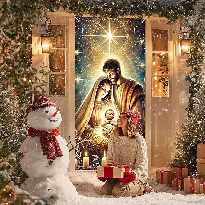 IVN Christmas Door Cover Decoration 71 x 35 in Holiday Banner Glowing Nativity Scene with Radiant Infant and Holy Family Photo Backdrop Indoor Outdoor for Front Door Party Decorations