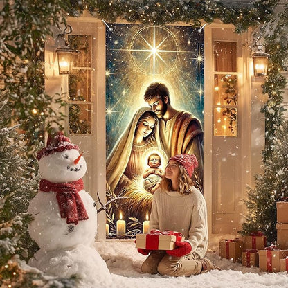IVN Christmas Door Cover Decoration 71 x 35 in Holiday Banner Glowing Nativity Scene with Radiant Infant and Holy Family Photo Backdrop Indoor Outdoor for Front Door Party Decorations