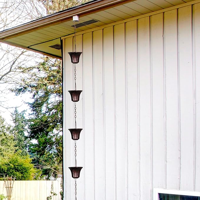 Invech Adjustable Rain Chains for Gutters, 12.5FT Outside Rain Chains with 12 Cups, Bronze Rain Catcher Chain with Bell for Eaves Drainage, Replacement for Downpout