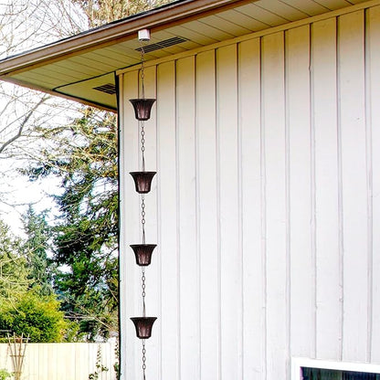 Invech Adjustable Rain Chains for Gutters, 12.5FT Outside Rain Chains with 12 Cups, Bronze Rain Catcher Chain with Bell for Eaves Drainage, Replacement for Downpout