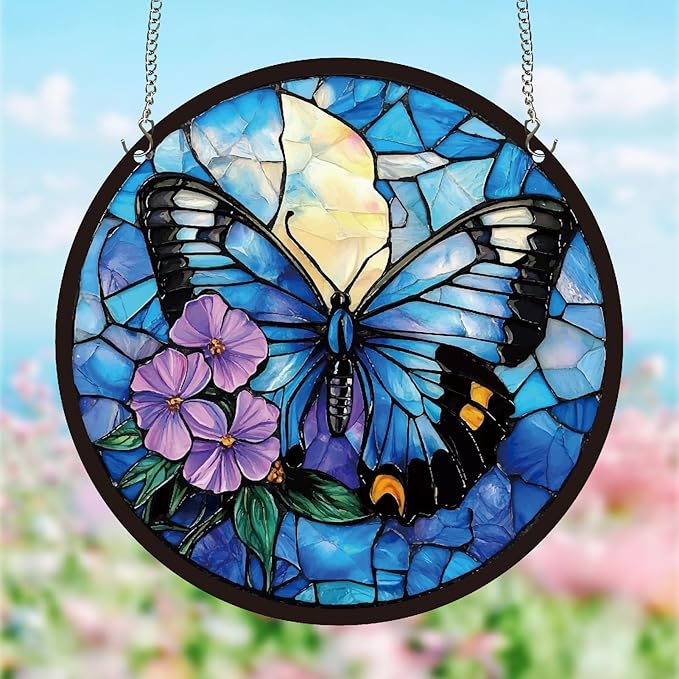 CREATCABIN Butterfly Sun Catchers Round Acrylic Suncatchers Stained Animals Window Wall Art Hanging Ornaments with Metal Chain for Housewarming Living Room Bedroom Home Garden Decor 9.8 Inch