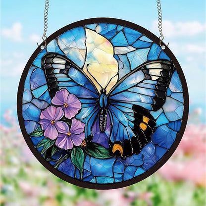 CREATCABIN Butterfly Sun Catchers Round Acrylic Suncatchers Stained Animals Window Wall Art Hanging Ornaments with Metal Chain for Housewarming Living Room Bedroom Home Garden Decor 9.8 Inch