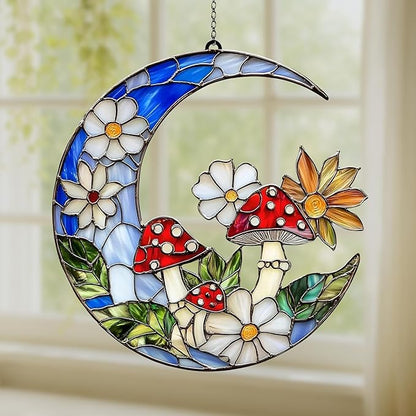 Mushroom Crescent Moon Acrylic Suncatcher, Boho Suncatchers for Window Hangings, Stained Glass Effect Indoor Outdoor Garden Decor for Bohemian Lover, Gifts for Mother's Day, Mom, Grandma, Wife, Women