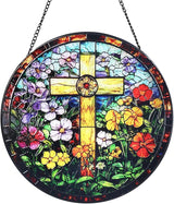 Cross & Wildflowers Stained Glass Window Hanging Suncatcher with Chain - 7.9" Outdoor/Indoor Art Decor for Home Garden, Thanksgiving, Wedding,Mother's, Valentine's & Christmas Ornaments Present