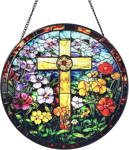 Cross & Wildflowers Stained Glass Window Hanging Suncatcher with Chain - 7.9" Outdoor/Indoor Art Decor for Home Garden, Thanksgiving, Wedding,Mother's, Valentine's & Christmas Ornaments Present