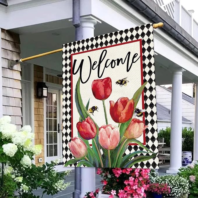 Baccessor Spring Easter Tulip Welcome House Flag 28 x 40 Inch Double Sided Burlap Spring Flowers Floral Buffalo Plaid Large Yard Flag Summer Holiday Seasonal Outdoor Outside Decoration