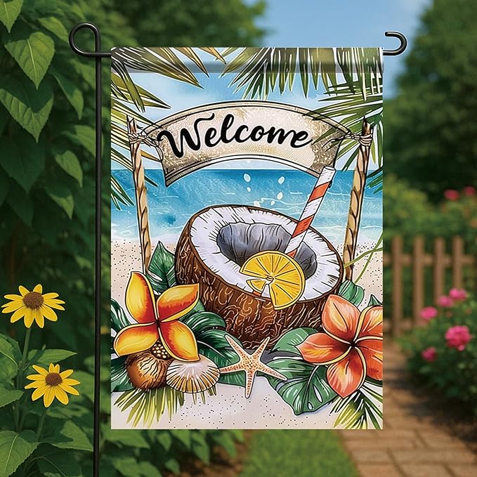Welcome Coconut Drink Garden Flag Tropical Beach Palm Leaves Ocean Outdoor Yard Porch Lawn Garden Decor for Summer Seaside Patio Coastal Farmhouse Seasonal Home Display