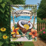 Welcome Coconut Drink Garden Flag Tropical Beach Palm Leaves Ocean Outdoor Yard Porch Lawn Garden Decor for Summer Seaside Patio Coastal Farmhouse Seasonal Home Display