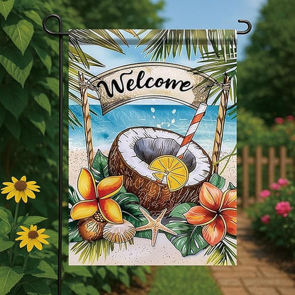Welcome Coconut Drink Garden Flag Tropical Beach Palm Leaves Ocean Outdoor Yard Porch Lawn Garden Decor for Summer Seaside Patio Coastal Farmhouse Seasonal Home Display