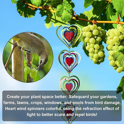 9 Pcs Heart Wind Spinners Colorful: Outdoor Garden Decor Metal Yard Lawn Ornaments with 360 Degree Swivel Hook, Reflective Bird Device Deterrent to Keep Birds Away from Porch Yard Patio Parking