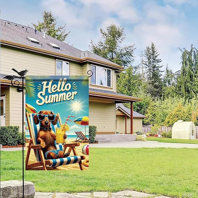Summer Garden Flag 12x18 Inch Funny Dog Hello Summer Beach Chair Sunglasses Tropical Vacation Design Outdoor Yard Porch Lawn Patio for Seasonal Coastal Home Decor