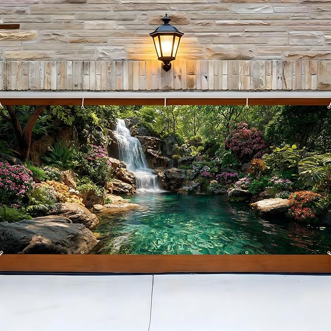 Garage door banner cover, 6x13 ft beautiful waterfall and pond background, Large Outdoor Backyard Landscape Decoration (Waterfall Pond)