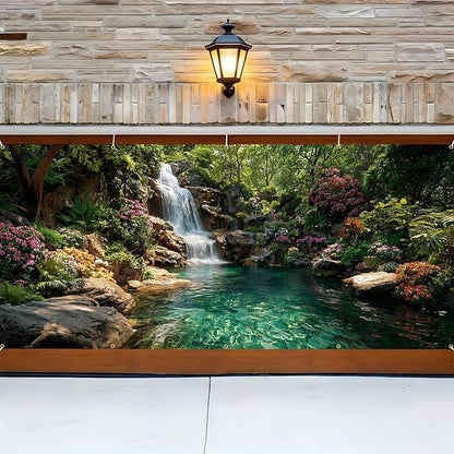 Garage door banner cover, 6x13 ft beautiful waterfall and pond background, Large Outdoor Backyard Landscape Decoration (Waterfall Pond)