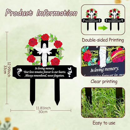 Jesus Grave Decorations for Cemetery - Metal Memorial Stake with 5 Red Roses - Sturdy Thickened Remembrance Plaque, Religious Cemetery Markers for Graveside, Mother’s Day (Jesus)