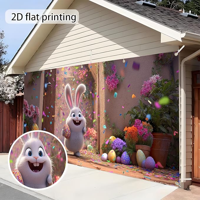 Easter Garage Door Banner Cover, Easter Bunny Colorful Eggs Spring Party Backdrop Decor, Garage Door Cover For Outdoor Yard Holiday Decoration (Cute Bunny)