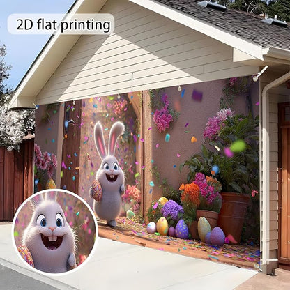 Easter Garage Door Banner Cover, Easter Bunny Colorful Eggs Spring Party Backdrop Decor, Garage Door Cover For Outdoor Yard Holiday Decoration (Cute Bunny)