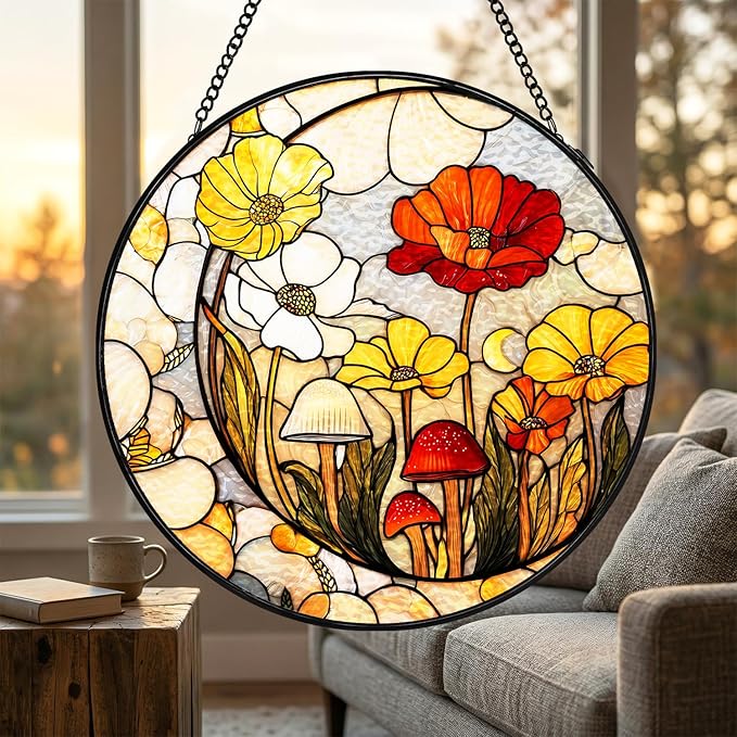 Stained Glass Sun Catcher Window Hanging - Mushroom Flower Plant Design, Well Made Indoor Home Decor for Mother's Day, Birthday, Christmas - Ideal for Women, Mom (Yellow) 7.8in