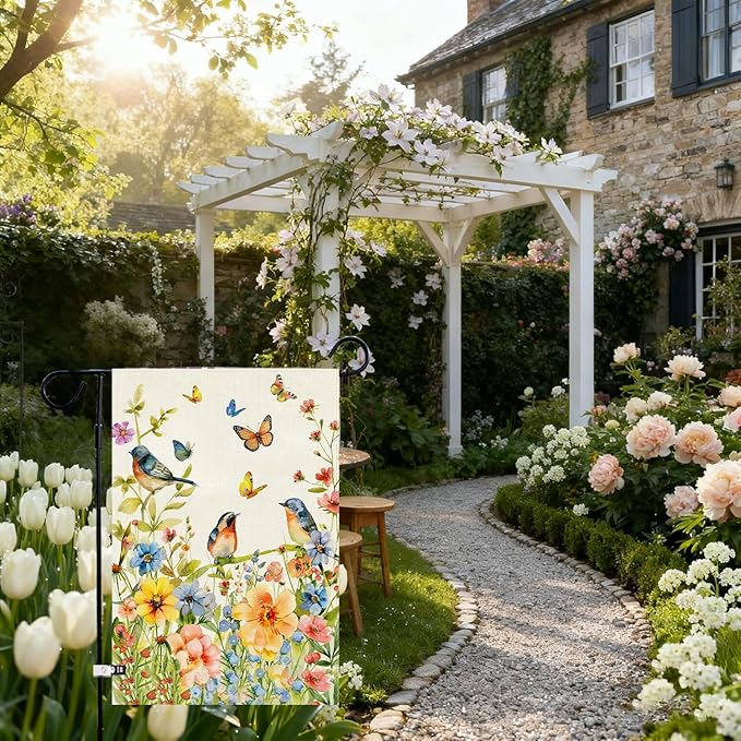 Baccessor Spring Floral Birds Garden Flag Double Sided 12.5x18 Inch Burlap with Clip and Stopper,Flower Butterflies Flag Seasonal Farmhouse Front Yard Lawn Summer Outside Outdoor Decoration