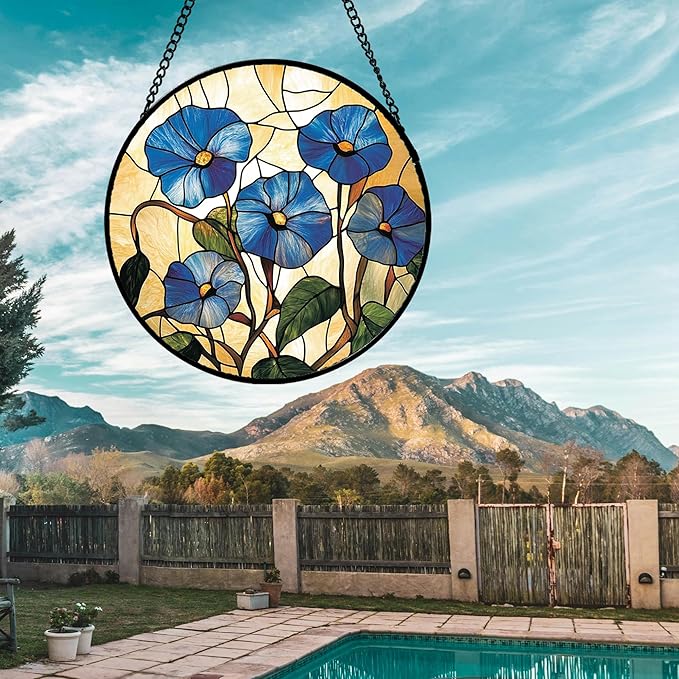 Stained Glass Window Hanging - Morning Glory Suncatcher for Door Garden Home Decor Birth Flower Sun Catcher Christmas Birthday for Lovers Friend Women Mom Nana 11.8 in