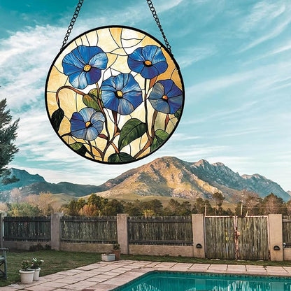 Stained Glass Window Hanging - Morning Glory Suncatcher for Door Garden Home Decor Birth Flower Sun Catcher Christmas Birthday for Lovers Friend Women Mom Nana 6.3 in