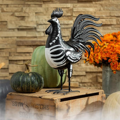 Evergreen Garden 19" Skeleton Rooster Metal Animal Statue | Indoor and Outdoor Safe | Halloween Decoration for Garden Yard Lawn Party | Rustic Farmhouse Chicken Decor
