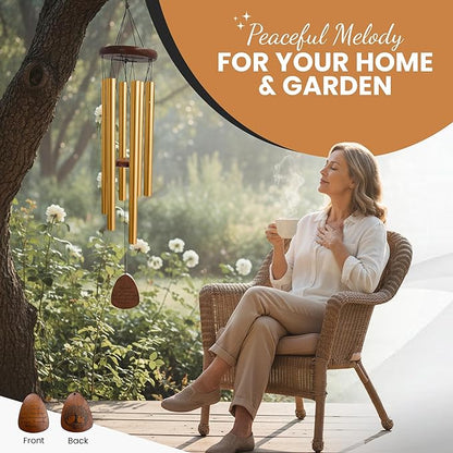 Memorial Wind Chimes for Outside Clearence - Teardrop Pendant, Deep Toned Aluminum Tubes & Pine Wood, Sympathy Gift for Loss, Letter from Heaven & Keepsake Keychain, Garden Porch Decor - Gold