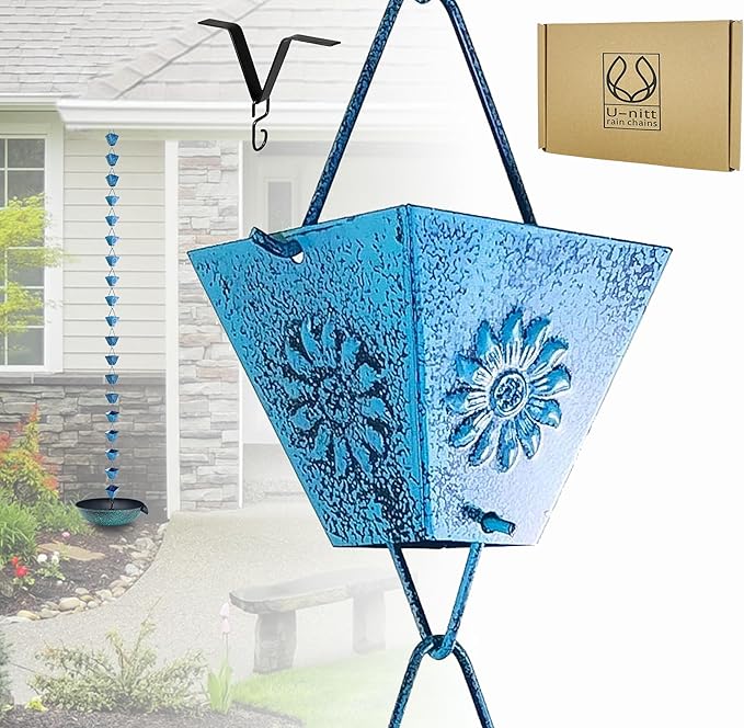 U-nitt Rain Chain Water Collection for Gutters Rainwater Catcher & Diverter, 8.5 FT Chains for Outside Garden Patina Square Cups, Roof Downspout, Works with Heavy Rain, w/ Gutter Clip for Rainchains