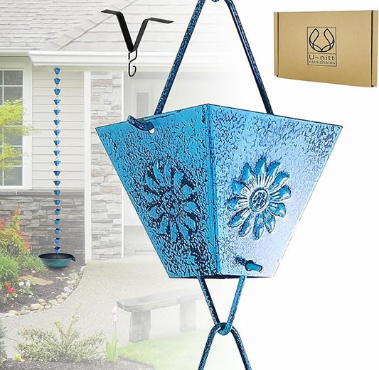 U-nitt Rain Chain Water Collection for Gutters Rainwater Catcher & Diverter, 8.5 FT Chains for Outside Garden Patina Square Cups, Roof Downspout, Works with Heavy Rain, w/ Gutter Clip for Rainchains