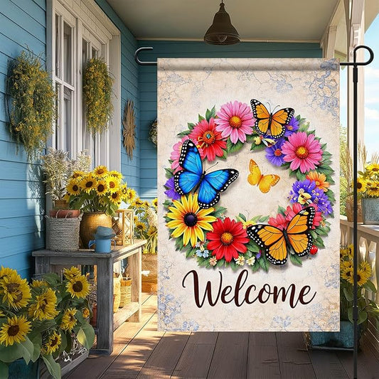IVN Butterfly Garden Flag 12x18 Inch – Welcome Floral Wreath Outdoor Flag, Double Sided Burlap Spring Summer Yard Flag for Porch Lawn Patio Decor