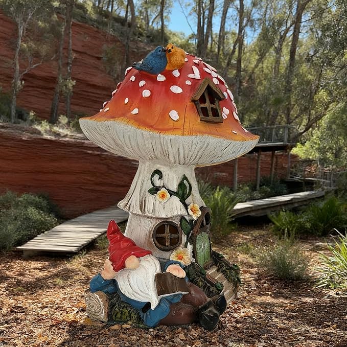 Solar-Powered Mushroom House Garden Statue–Gnome Figurine Reading Book,Vibrant Bird Accents,Weather-Resistant Resin Material,Outdoor Ornament for Yard,Patio,Lawn,Flower Bed Porch Decor
