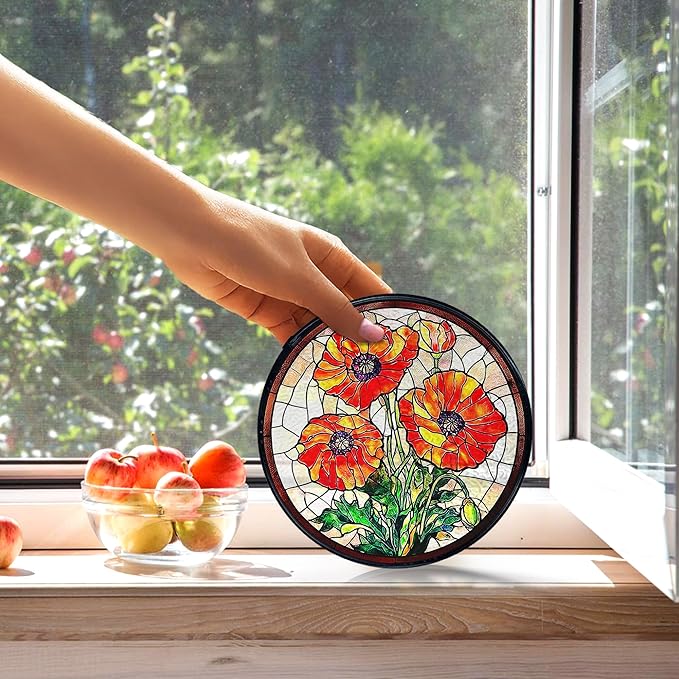 kdqua Poppy Flower Suncatcher Stained Glass Window Hanging, Poppy Flower Gifts Sun Catchers Indoor Window Glass Round Wall Decor, Orange Floral Wall Art Hanging Decorations Statues, 7.9x7.9in