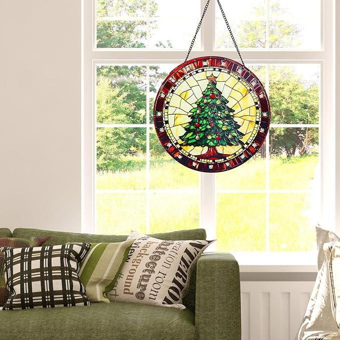 Green Christmas Tree Stained Glass Window Hanging Suncatcher with Chain - 7.9" Outdoor/Indoor Art Decor for Home Garden, Wedding, Mother's, Valentine's, Thanksgiving Ornaments Present