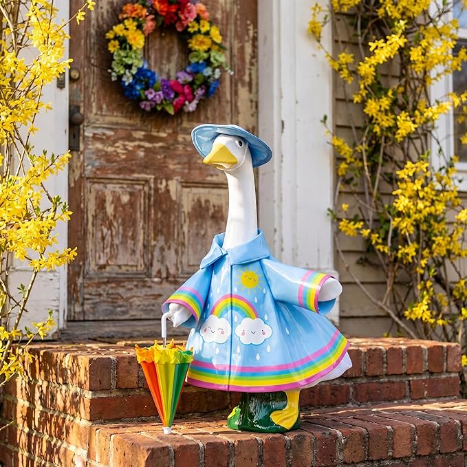 DECOHS 3 Pcs/Set Raincoat Porch Goose Outfits, Summer Lawn Goose Statue Raincoat Costume, Yard Goose Clothes Raincoats Umbrella Hat Outfit for 23" Statue Patio Garden Decoration (Blue Rainbow)